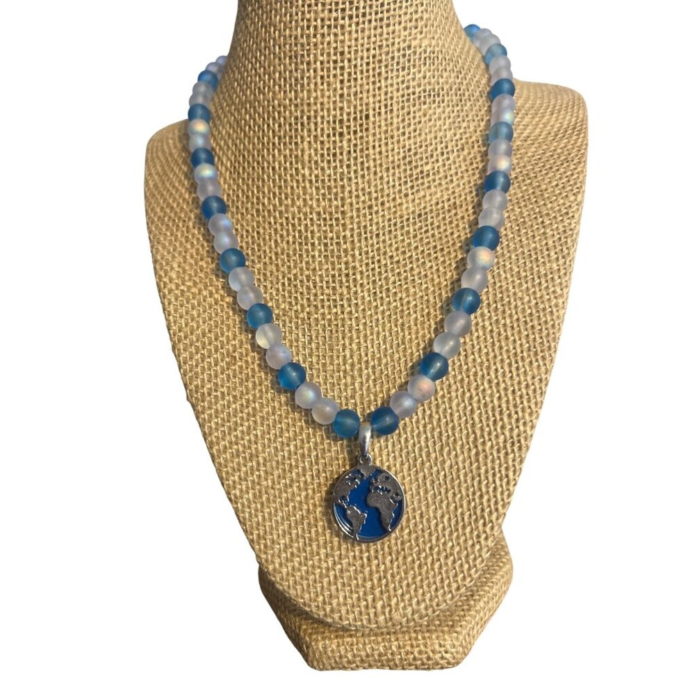 Vintage Blue Iridescent Frosted Beads Necklace Earth 2 Piece Pendant 18" Long